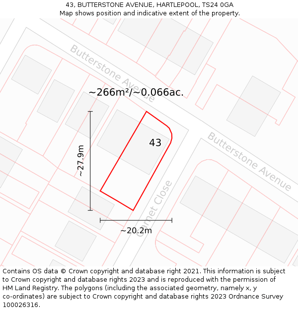 43, BUTTERSTONE AVENUE, HARTLEPOOL, TS24 0GA: Plot and title map