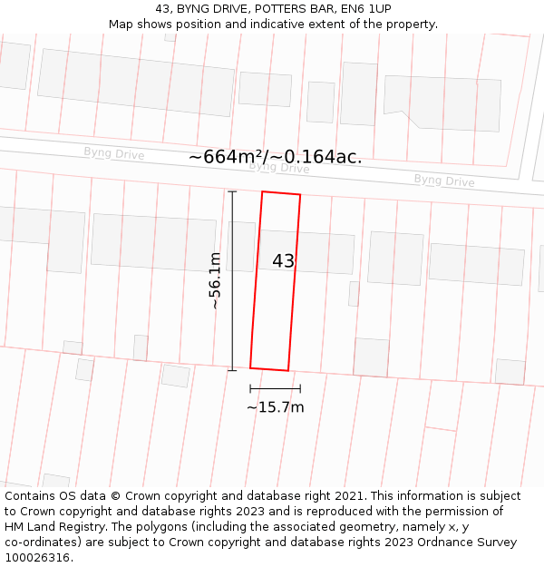 43, BYNG DRIVE, POTTERS BAR, EN6 1UP: Plot and title map