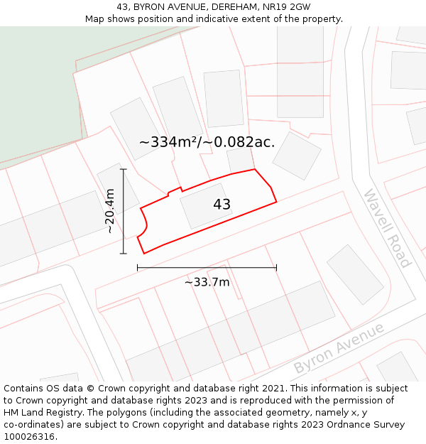 43, BYRON AVENUE, DEREHAM, NR19 2GW: Plot and title map