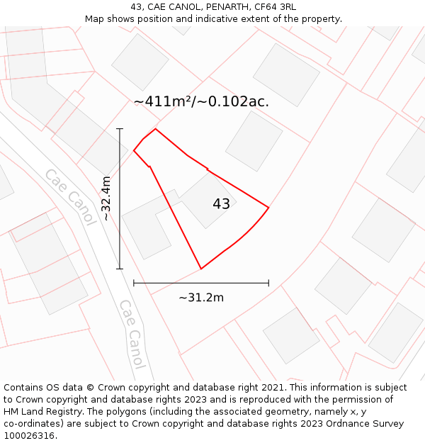 43, CAE CANOL, PENARTH, CF64 3RL: Plot and title map