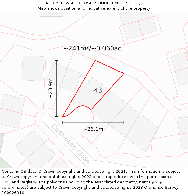 43, CALTHWAITE CLOSE, SUNDERLAND, SR5 3QR: Plot and title map