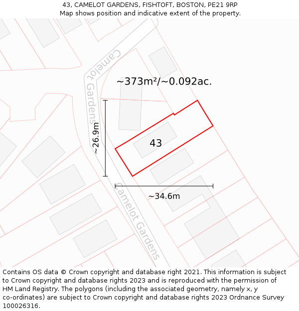 43, CAMELOT GARDENS, FISHTOFT, BOSTON, PE21 9RP: Plot and title map