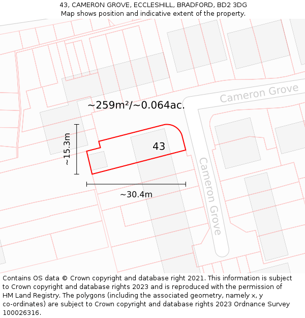 43, CAMERON GROVE, ECCLESHILL, BRADFORD, BD2 3DG: Plot and title map