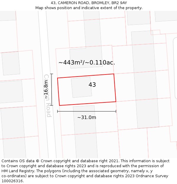 43, CAMERON ROAD, BROMLEY, BR2 9AY: Plot and title map