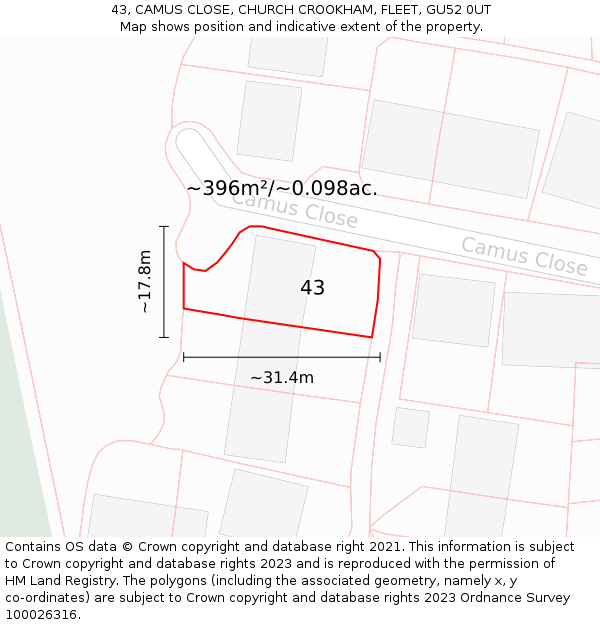 43, CAMUS CLOSE, CHURCH CROOKHAM, FLEET, GU52 0UT: Plot and title map