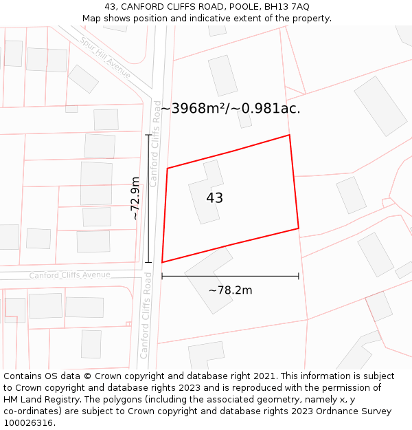 43, CANFORD CLIFFS ROAD, POOLE, BH13 7AQ: Plot and title map