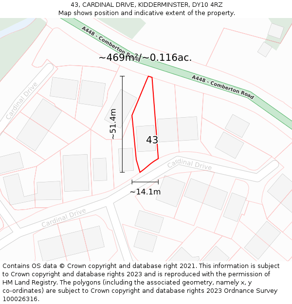 43, CARDINAL DRIVE, KIDDERMINSTER, DY10 4RZ: Plot and title map