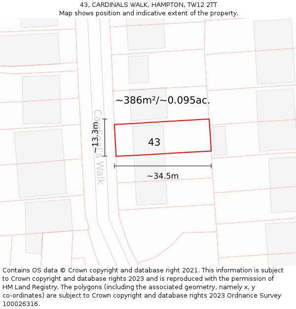 43, CARDINALS WALK, HAMPTON, TW12 2TT: Plot and title map
