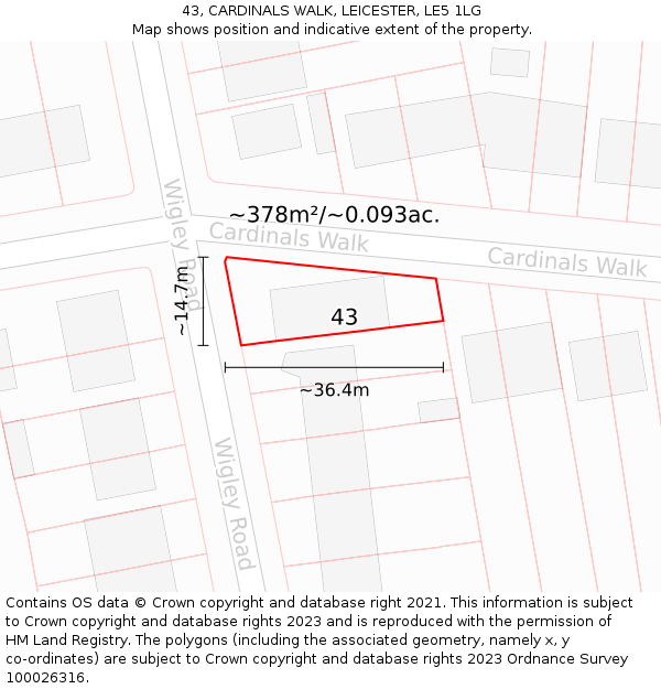 43, CARDINALS WALK, LEICESTER, LE5 1LG: Plot and title map