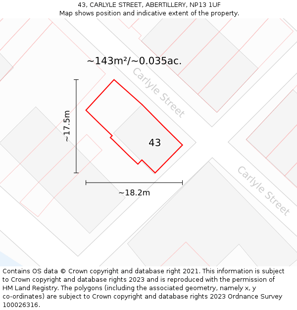 43, CARLYLE STREET, ABERTILLERY, NP13 1UF: Plot and title map