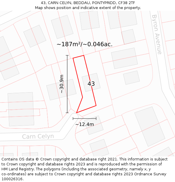 43, CARN CELYN, BEDDAU, PONTYPRIDD, CF38 2TF: Plot and title map