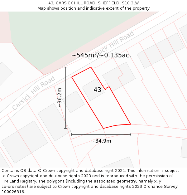 43, CARSICK HILL ROAD, SHEFFIELD, S10 3LW: Plot and title map