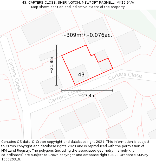 43, CARTERS CLOSE, SHERINGTON, NEWPORT PAGNELL, MK16 9NW: Plot and title map