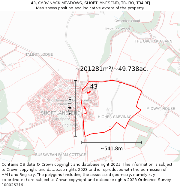 43, CARVINACK MEADOWS, SHORTLANESEND, TRURO, TR4 9FJ: Plot and title map