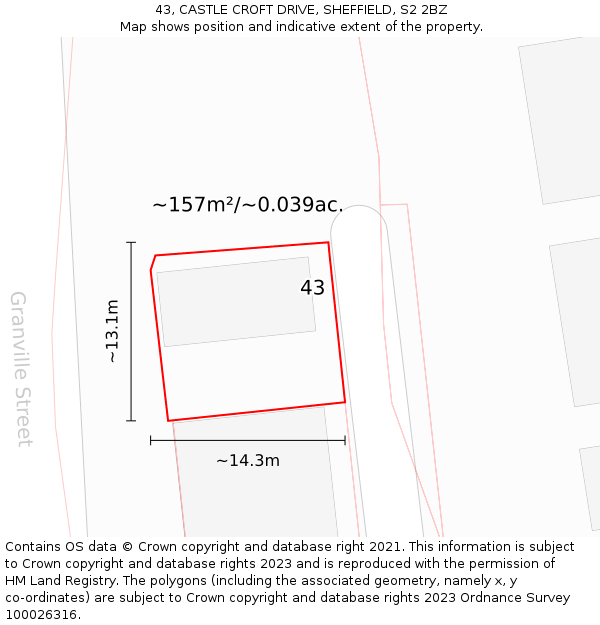 43, CASTLE CROFT DRIVE, SHEFFIELD, S2 2BZ: Plot and title map