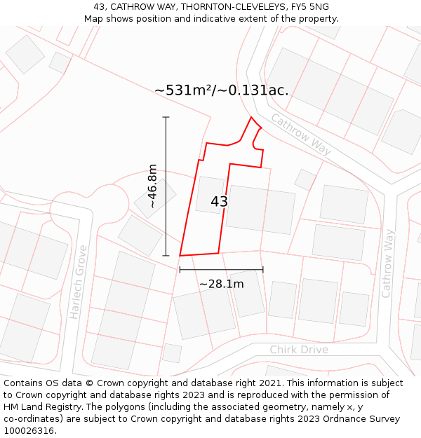 43, CATHROW WAY, THORNTON-CLEVELEYS, FY5 5NG: Plot and title map
