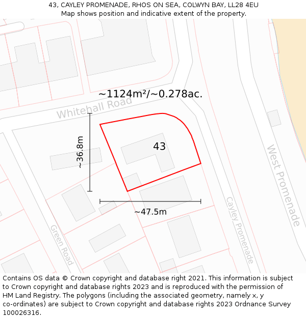 43, CAYLEY PROMENADE, RHOS ON SEA, COLWYN BAY, LL28 4EU: Plot and title map