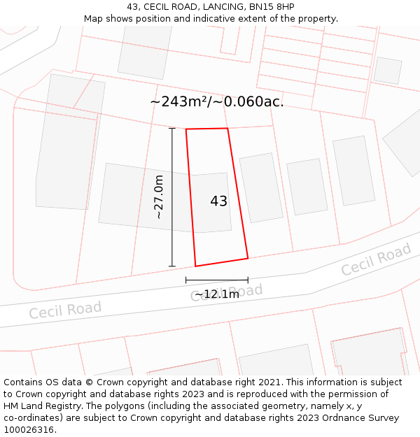 43, CECIL ROAD, LANCING, BN15 8HP: Plot and title map