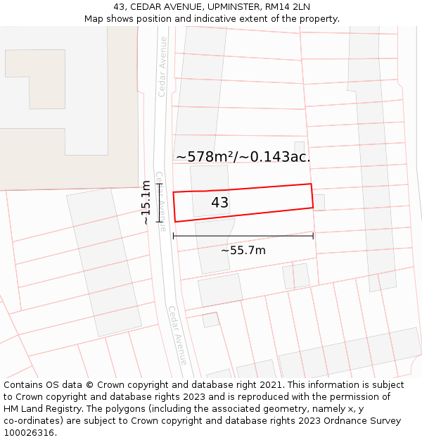 43, CEDAR AVENUE, UPMINSTER, RM14 2LN: Plot and title map