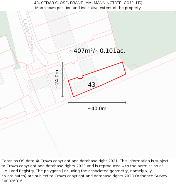 43, CEDAR CLOSE, BRANTHAM, MANNINGTREE, CO11 1TQ: Plot and title map