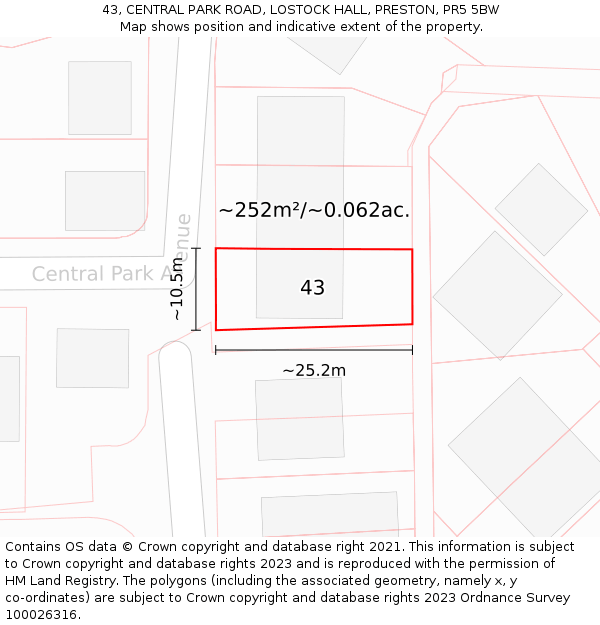 43, CENTRAL PARK ROAD, LOSTOCK HALL, PRESTON, PR5 5BW: Plot and title map