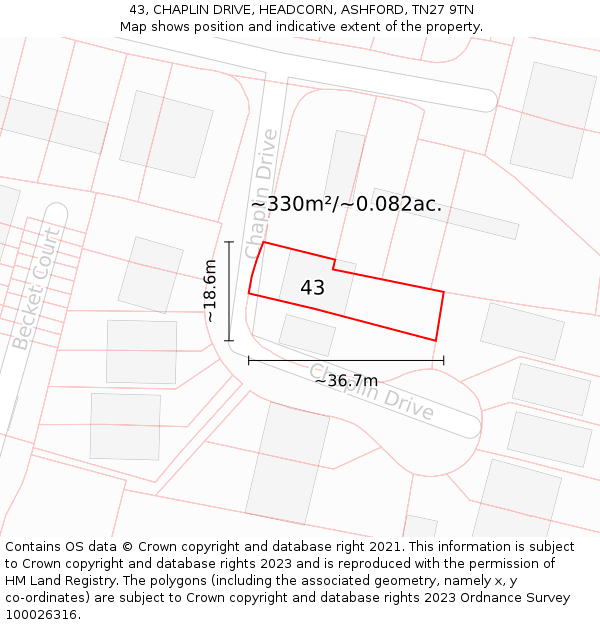 43, CHAPLIN DRIVE, HEADCORN, ASHFORD, TN27 9TN: Plot and title map
