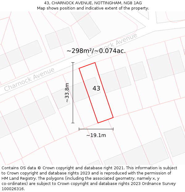 43, CHARNOCK AVENUE, NOTTINGHAM, NG8 1AG: Plot and title map