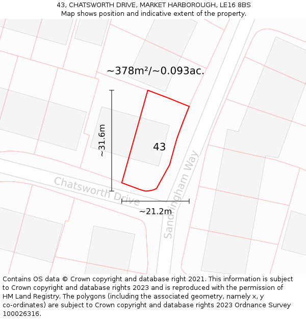 43, CHATSWORTH DRIVE, MARKET HARBOROUGH, LE16 8BS: Plot and title map