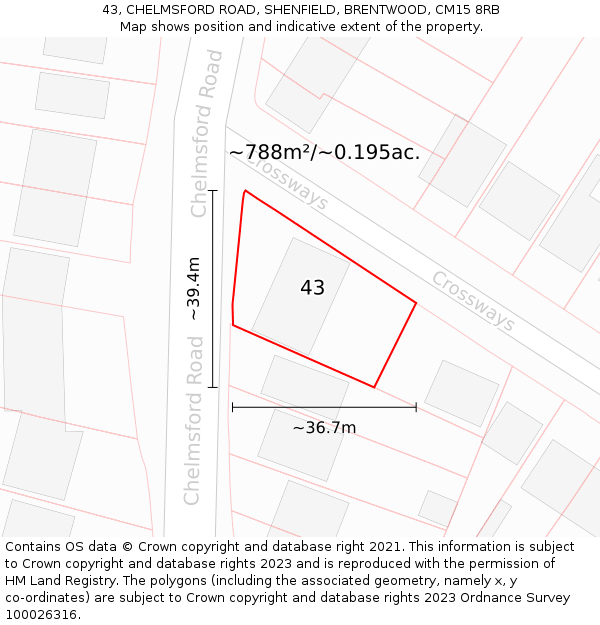 43, CHELMSFORD ROAD, SHENFIELD, BRENTWOOD, CM15 8RB: Plot and title map
