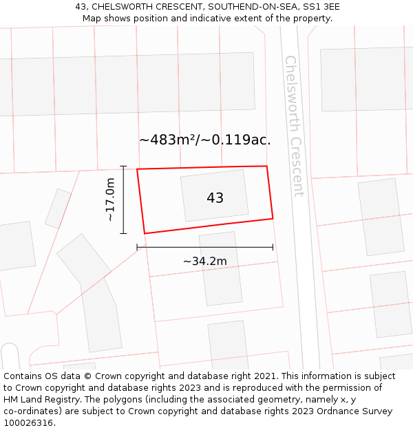 43, CHELSWORTH CRESCENT, SOUTHEND-ON-SEA, SS1 3EE: Plot and title map