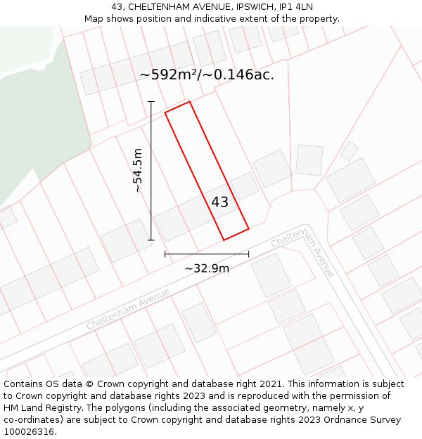 43, CHELTENHAM AVENUE, IPSWICH, IP1 4LN: Plot and title map