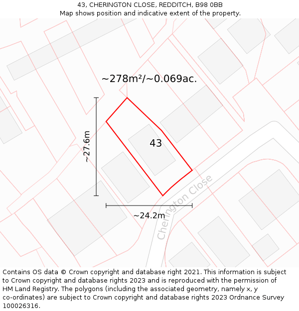 43, CHERINGTON CLOSE, REDDITCH, B98 0BB: Plot and title map