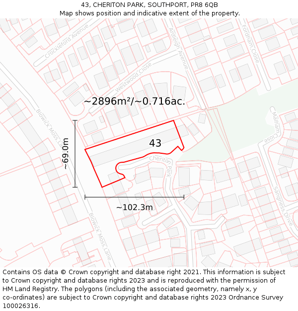 43, CHERITON PARK, SOUTHPORT, PR8 6QB: Plot and title map
