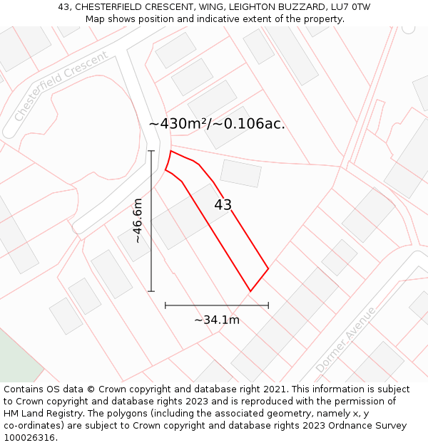 43, CHESTERFIELD CRESCENT, WING, LEIGHTON BUZZARD, LU7 0TW: Plot and title map