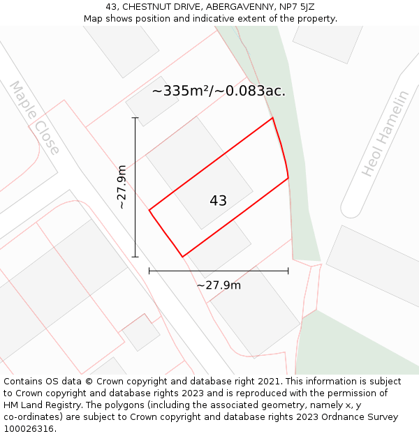 43, CHESTNUT DRIVE, ABERGAVENNY, NP7 5JZ: Plot and title map