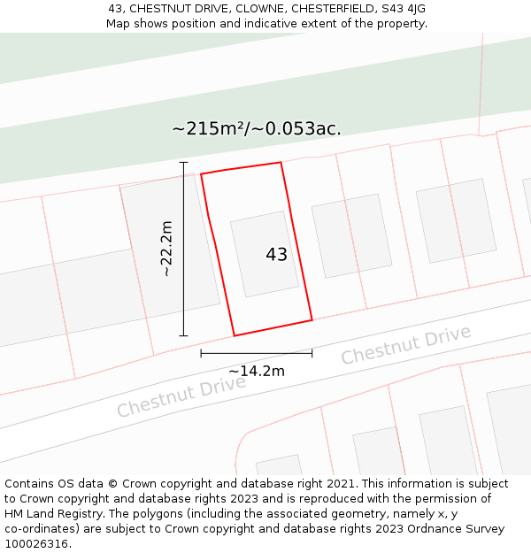 43, CHESTNUT DRIVE, CLOWNE, CHESTERFIELD, S43 4JG: Plot and title map