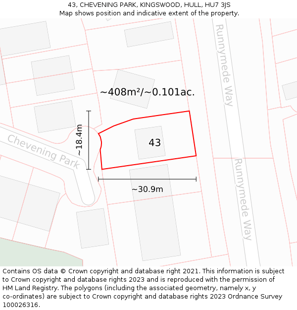 43, CHEVENING PARK, KINGSWOOD, HULL, HU7 3JS: Plot and title map