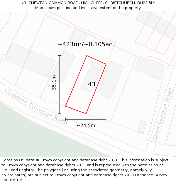 43, CHEWTON COMMON ROAD, HIGHCLIFFE, CHRISTCHURCH, BH23 5LY: Plot and title map