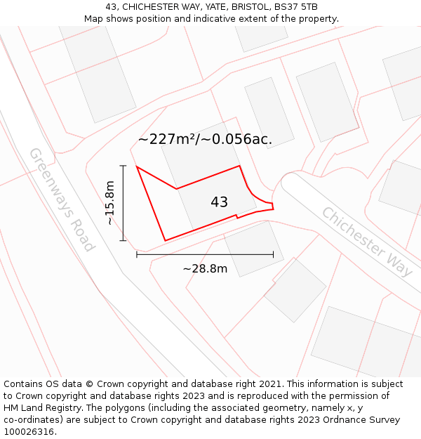 43, CHICHESTER WAY, YATE, BRISTOL, BS37 5TB: Plot and title map