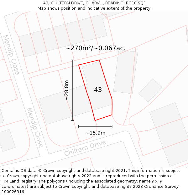 43, CHILTERN DRIVE, CHARVIL, READING, RG10 9QF: Plot and title map
