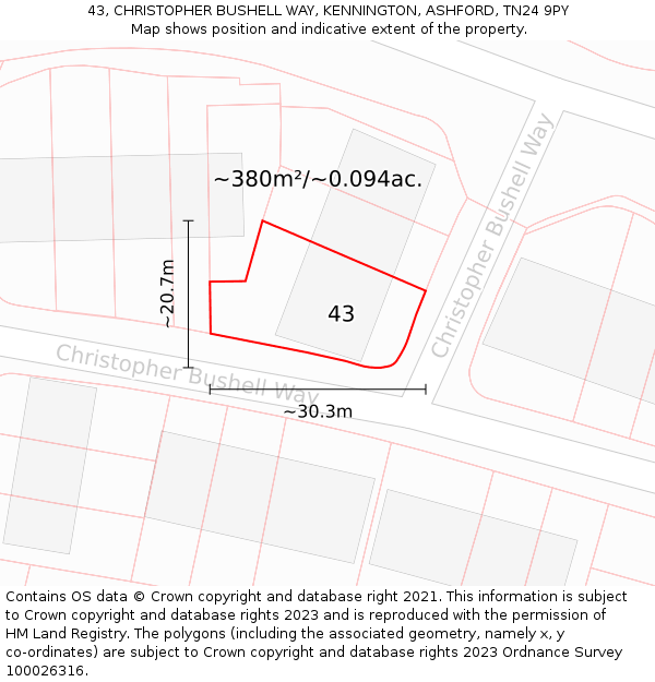 43, CHRISTOPHER BUSHELL WAY, KENNINGTON, ASHFORD, TN24 9PY: Plot and title map