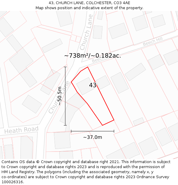 43, CHURCH LANE, COLCHESTER, CO3 4AE: Plot and title map
