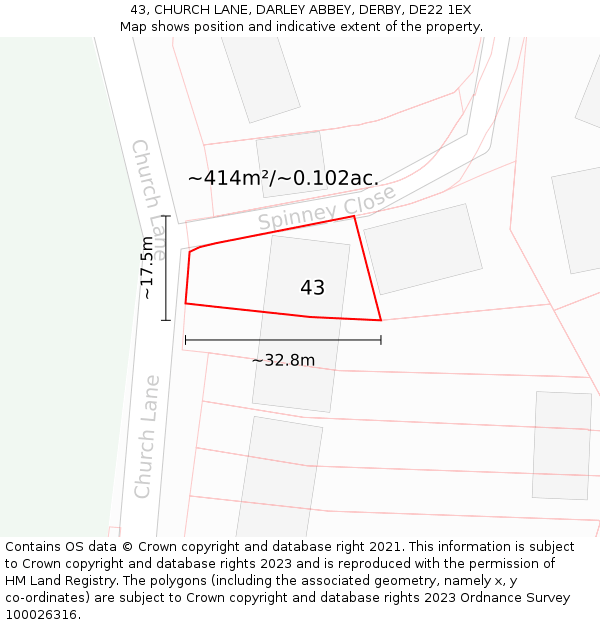 43, CHURCH LANE, DARLEY ABBEY, DERBY, DE22 1EX: Plot and title map