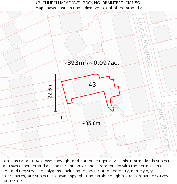 43, CHURCH MEADOWS, BOCKING, BRAINTREE, CM7 5SL: Plot and title map