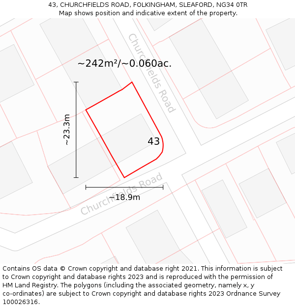 43, CHURCHFIELDS ROAD, FOLKINGHAM, SLEAFORD, NG34 0TR: Plot and title map