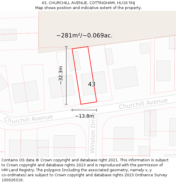43, CHURCHILL AVENUE, COTTINGHAM, HU16 5NJ: Plot and title map