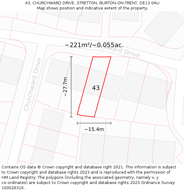 43, CHURCHWARD DRIVE, STRETTON, BURTON-ON-TRENT, DE13 0AU: Plot and title map
