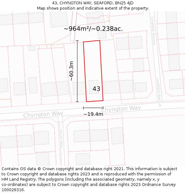 43, CHYNGTON WAY, SEAFORD, BN25 4JD: Plot and title map