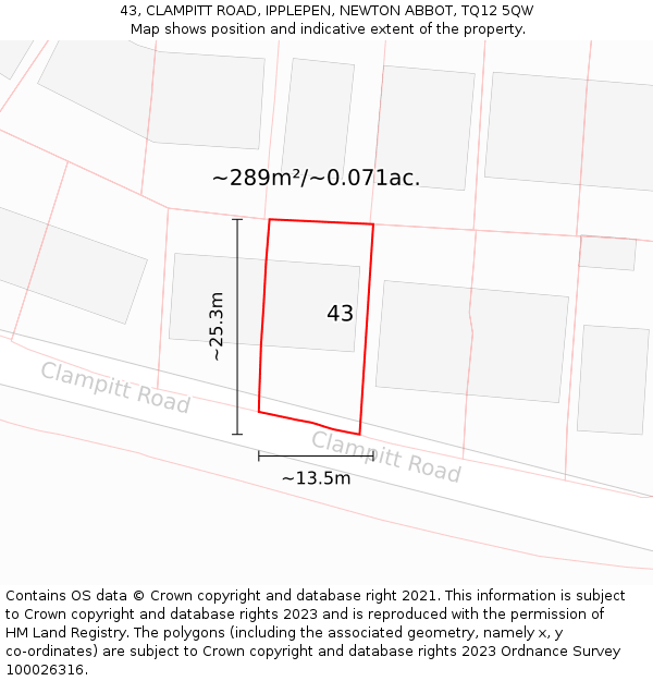 43, CLAMPITT ROAD, IPPLEPEN, NEWTON ABBOT, TQ12 5QW: Plot and title map