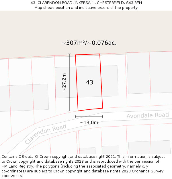 43, CLARENDON ROAD, INKERSALL, CHESTERFIELD, S43 3EH: Plot and title map